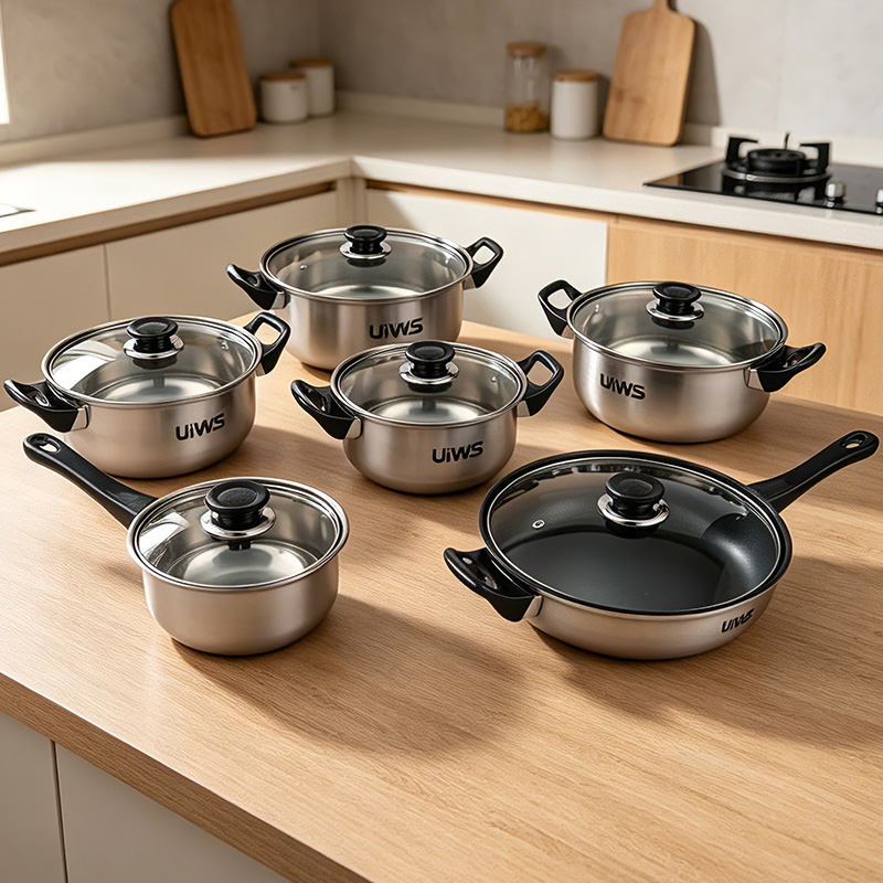 Stainless Steel Cookware Set with Black Handles