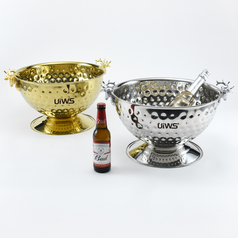 Large capacity stainless steel ice bucket round hammer pattern wine champagne ice bucket with deer ear