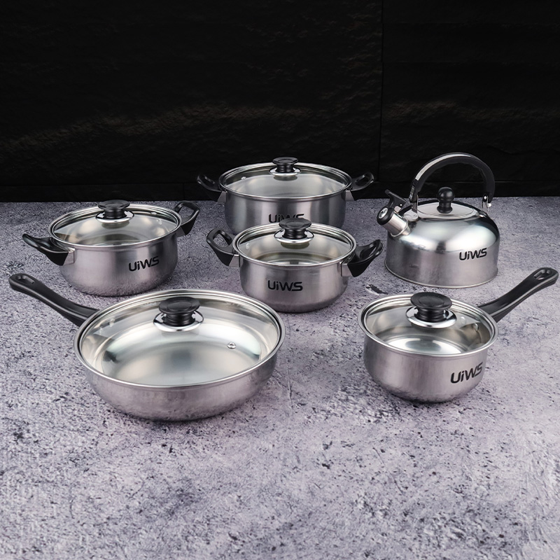 Stainless Steel Cookware & Kettle Set with Black Handles