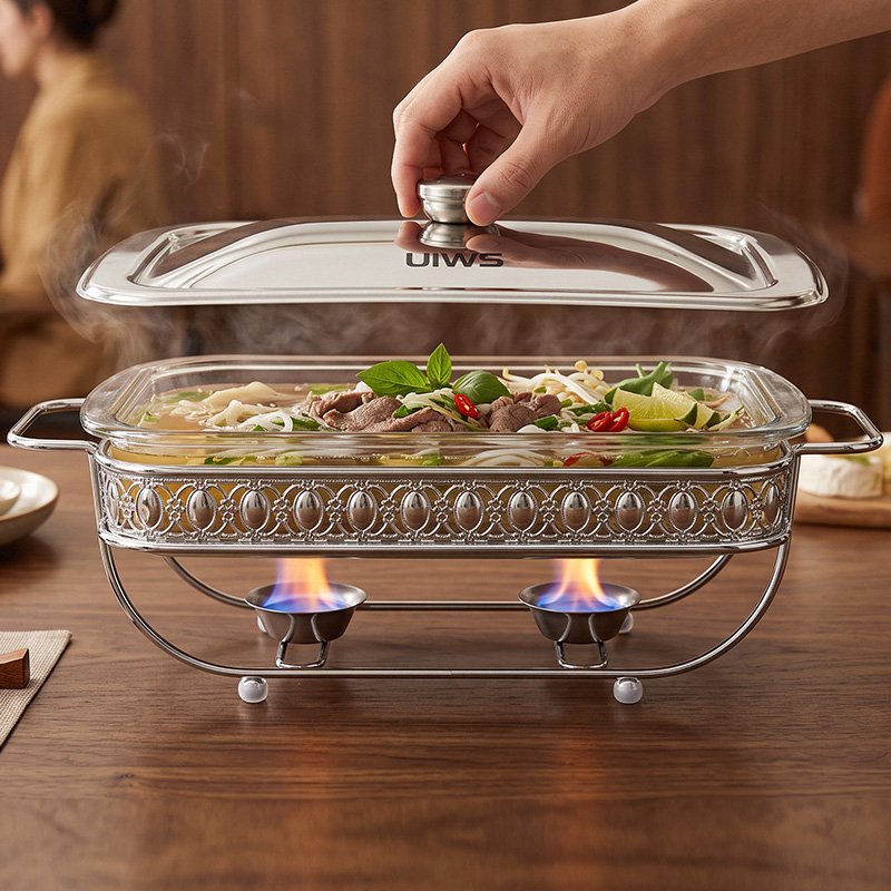 Rectangular glass chafing dish