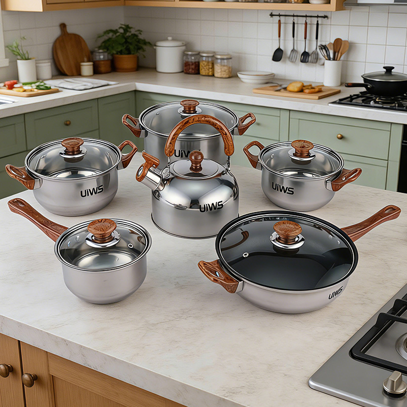 Stainless Steel Cookware Set with Wood Grain Handle & Kettle